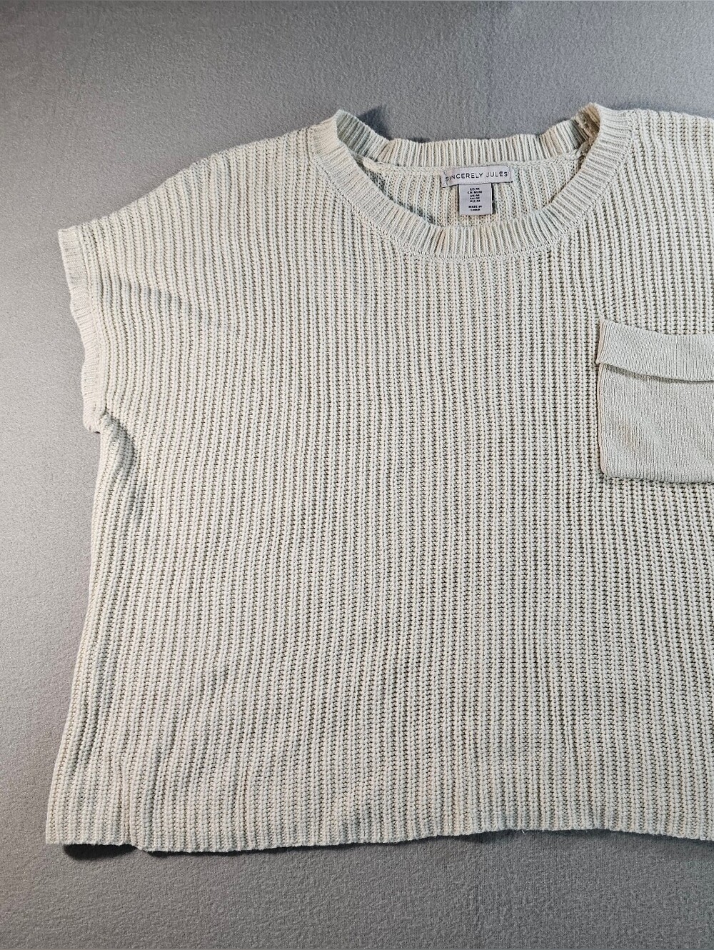Sincerely Jules Cream Ribbed Knit Short-Sleeve Pullover Sweater Size M